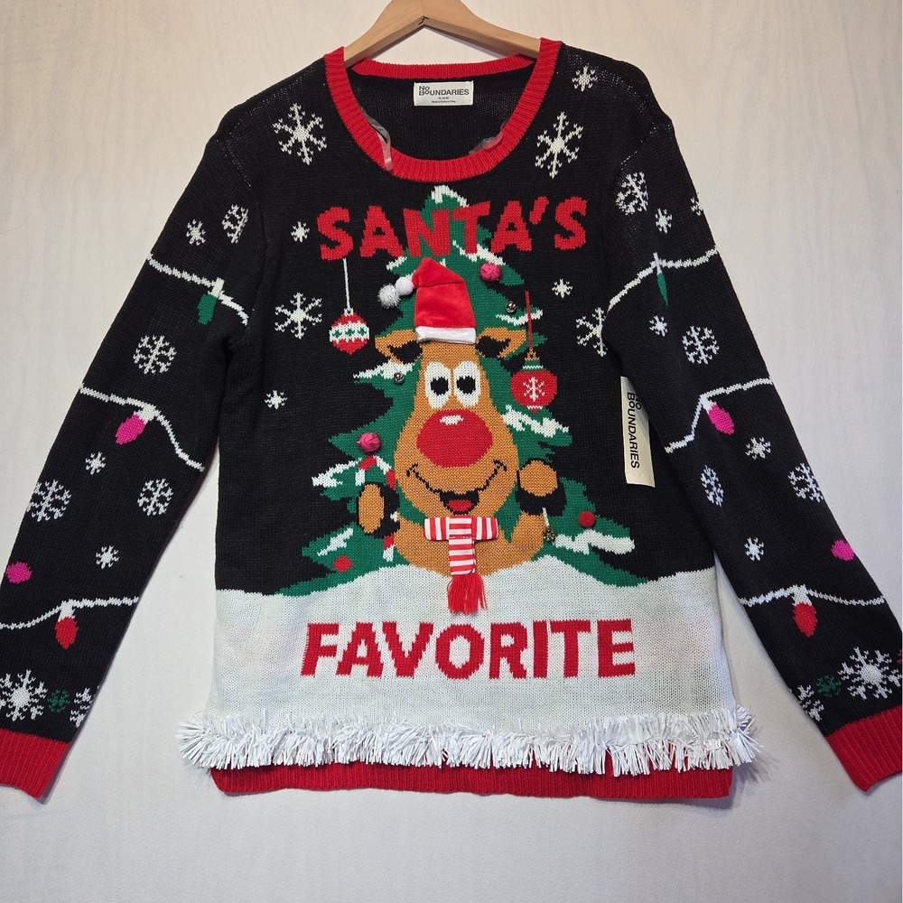 No Boundaries XL 16-18 Ugly Christmas Sweater Santa's Favorite Reindeer NWT